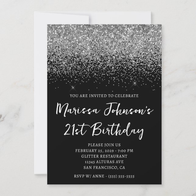 Sparkly Silver Glitter Black 21st Birthday Invitation (Front)