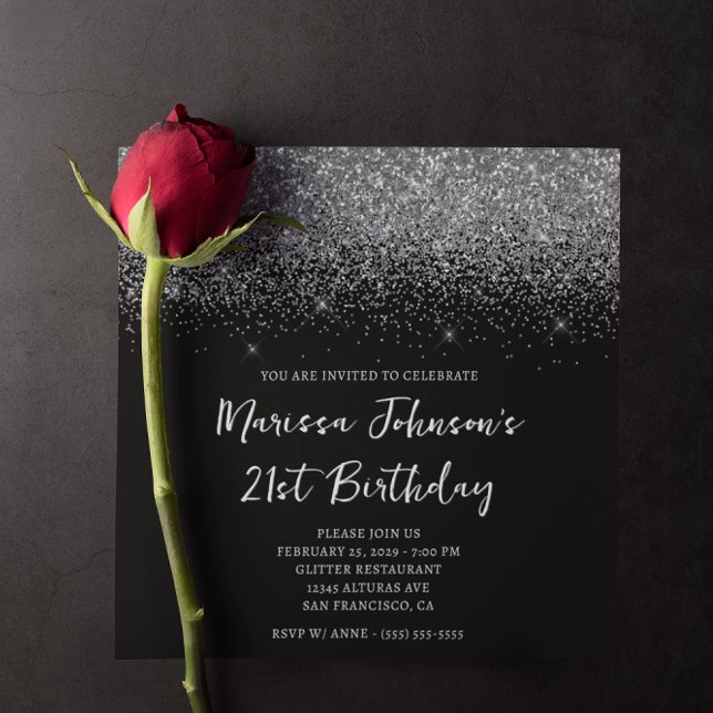 Sparkly Silver Glitter Black 21st Birthday Invitation (Sparkly Silver Glitter Black 21st Birthday Invitation)