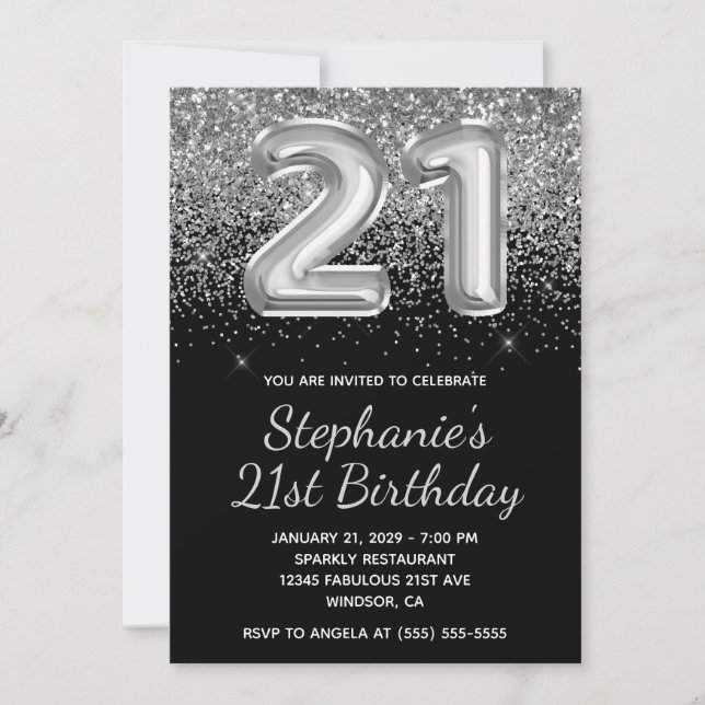 Sparkly Silver Glitter Black Balloon 21st Birthday Invitation (Front)
