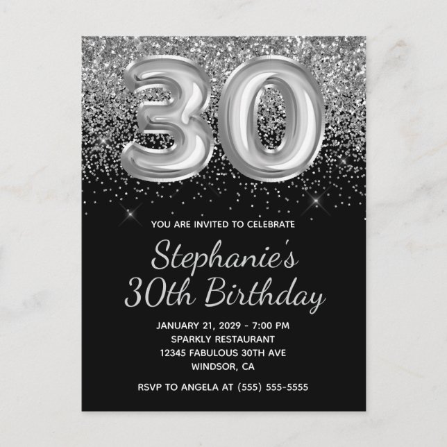 Sparkly Silver Glitter Black Balloon 30th Birthday Invitation Postcard (Front)