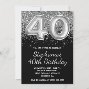 Sparkly Silver Glitter Black Balloon 40th Birthday Invitation