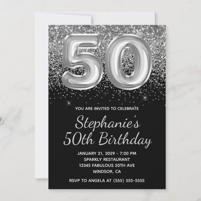Sparkly Silver Glitter Black Balloon 50th Birthday Invitation (Front)