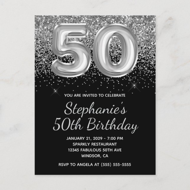 Sparkly Silver Glitter Black Balloon 50th Birthday Invitation Postcard (Front)