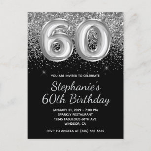 Sparkly Silver Glitter Black Balloon 60th Birthday Invitation Postcard