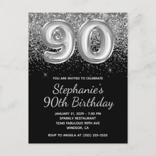 Sparkly Silver Glitter Black Balloon 90th Birthday Invitation Postcard