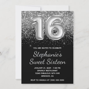 Sparkly Silver Glitter Black Balloon Sweet Sixteen Invitation