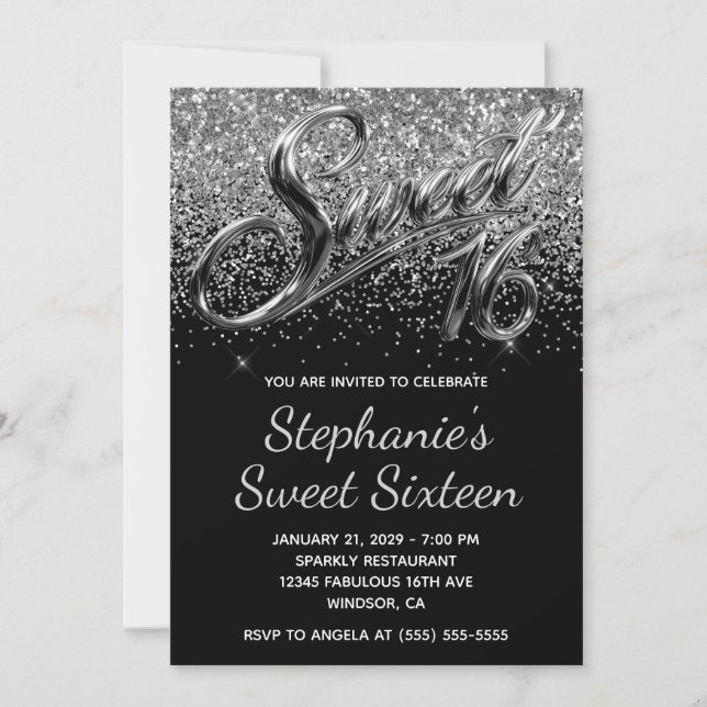 Sparkly Silver Glitter Black Chrome Sweet 16 Invitation (Front)