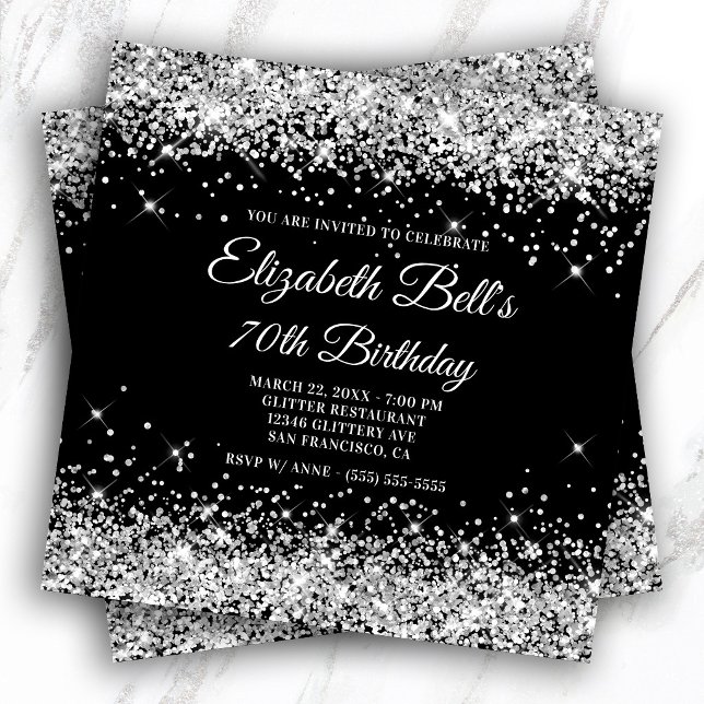 Sparkly Silver Glitter Black Colour 70th Birthday Invitation (Sparkly Silver Glitter Black Color 70th Birthday Invitation)
