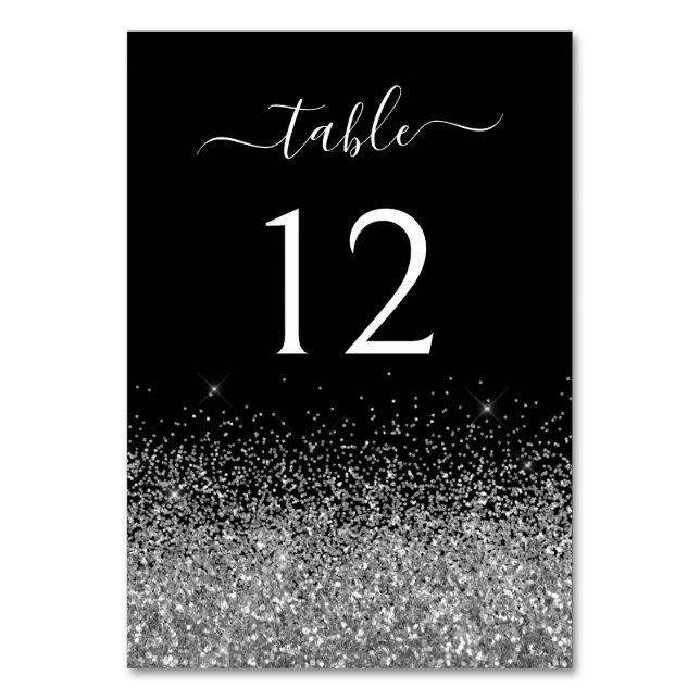 Sparkly Silver Glitter Black Elegant Calligraphy Table Number (Front)