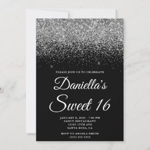 Sparkly Silver Glitter Black Sweet 16 Invitation