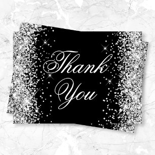 Sparkly Silver Glitter Black Thank You Card