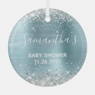 Sparkly Silver Glitter Blue Foil Baby Shower Glass Tree Decoration