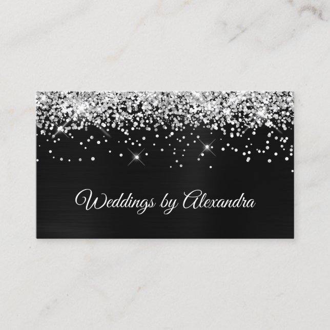 Sparkly Silver Glitter Dark Grey Black Satin Foil Business Card (Front)