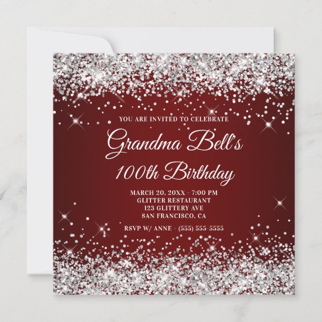 Sparkly Silver Glitter Dark Red 100th Birthday Invitation (Front)