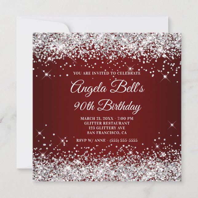 Sparkly Silver Glitter Dark Red 90th Birthday Invitation (Front)