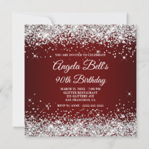 Sparkly Silver Glitter Dark Red 90th Birthday Invitation