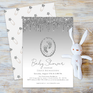 Sparkly Silver Glitter Drip Baby Shower Invitation