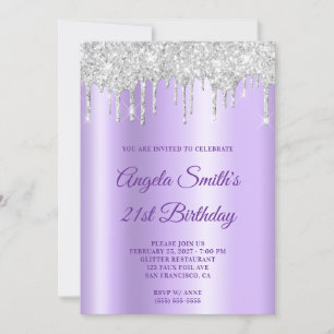 Sparkly Silver Glitter Drips Lavender Ombre Invitation