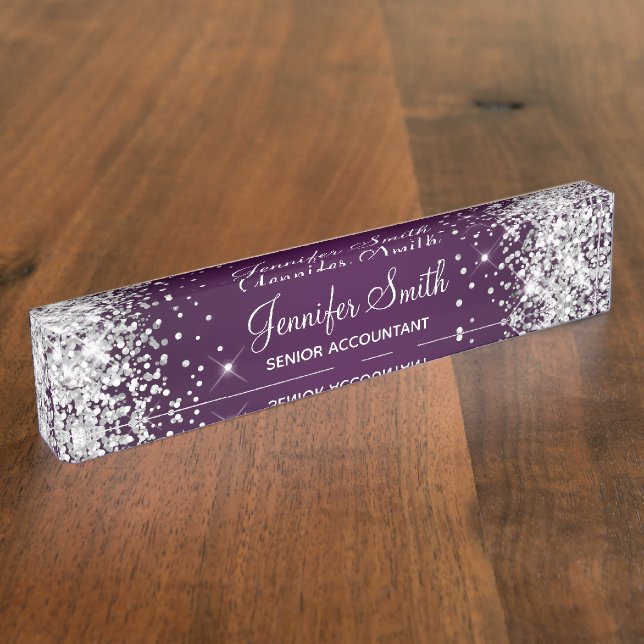 Sparkly Silver Glitter Eggplant Gradient Nameplate (Side)