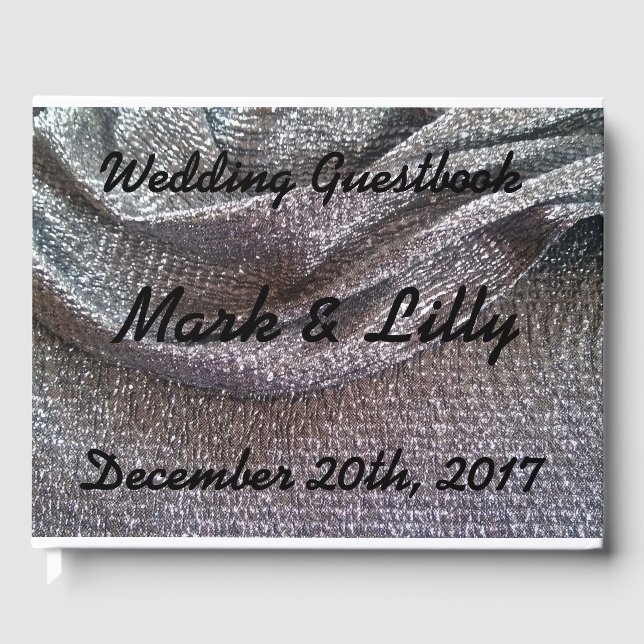 Sparkly Silver Glitter Fabric Design Wedding Guest Book (Front)