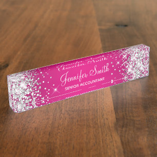 Sparkly Silver Glitter Hot Pink Gradient Nameplate