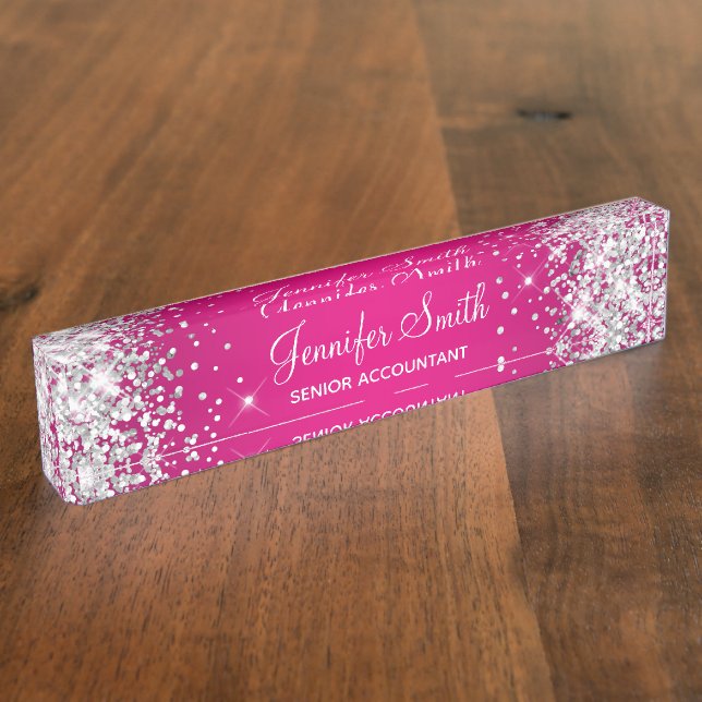 Sparkly Silver Glitter Hot Pink Gradient Nameplate (Side)