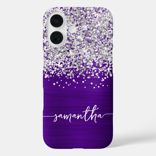 Sparkly Silver Glitter Indigo Purple Glam Name Case-Mate iPhone Case (Back)