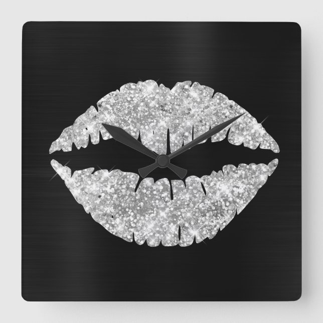 Sparkly Silver Glitter Lipstick Black Foil Square Wall Clock (Front)