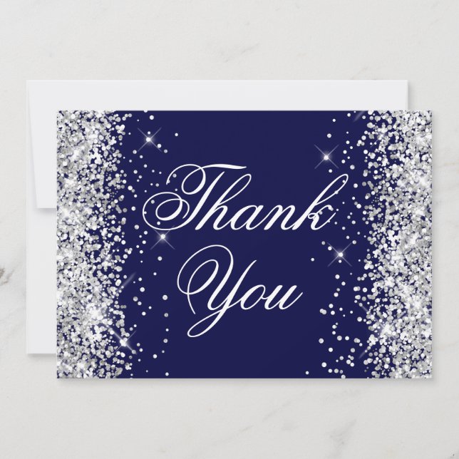 Sparkly Silver Glitter Navy Blue Thank You Card (Front)