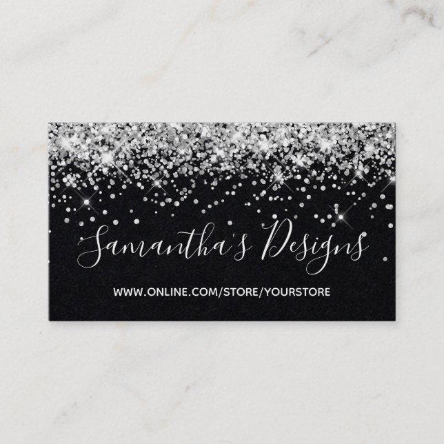 Sparkly Silver Glitter Online Store Premium Black Business Card (Front)