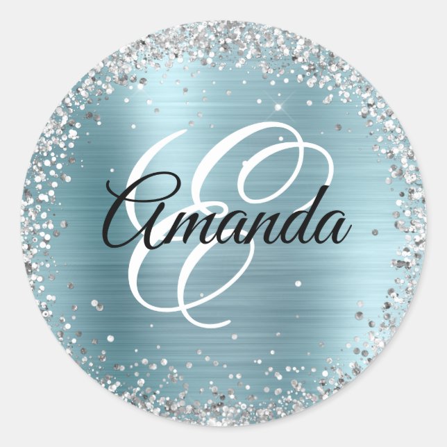 Sparkly Silver Glitter Pale Blue Foil Monogram Classic Round Sticker (Front)
