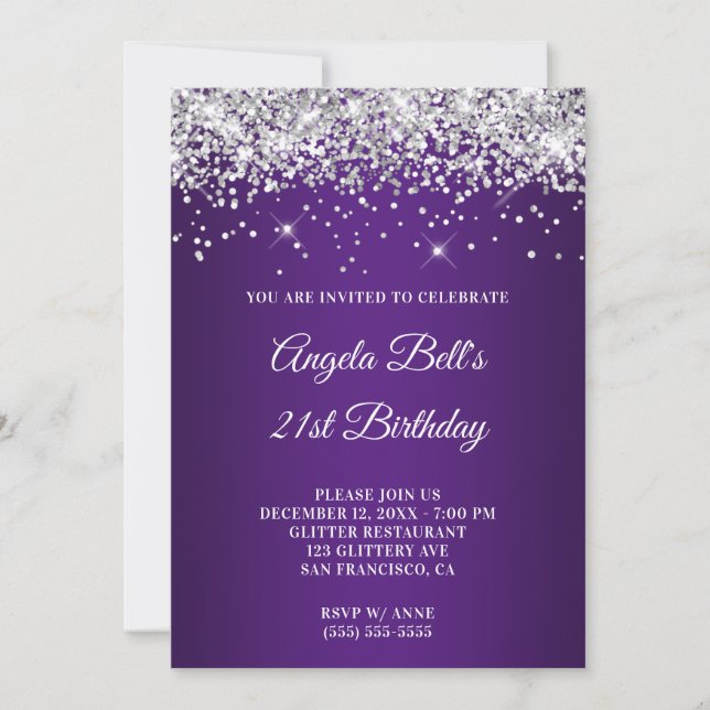 Sparkly Silver Glitter Purple Ombre 21st Birthday Invitation (Front)