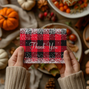 Sparkly Silver Glitter Red Buffalo Plaid Thank You Postcard