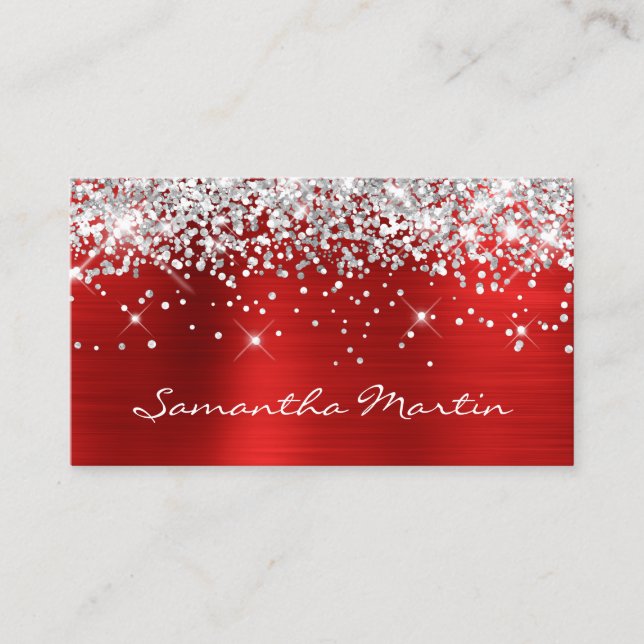 Sparkly Silver Glitter Red Foil Business Card (Front)