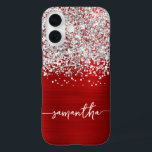Sparkly Silver Glitter Red Glam Name iPhone 16 Case<br><div class="desc">Customise the modern handwritten style script with swash glyphs to create your own personalised case. Delete the symbols if you'd like the script alone. Add a monogram initial to create a first name initial combination. Girly faux silver glitter and brushed red metal foil digital art will print like a photo....</div>