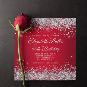 Sparkly Silver Glitter Red Ombre 90th Birthday Invitation