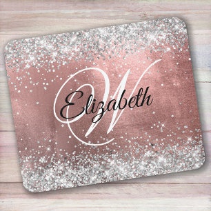 Sparkly Silver Glitter Rose Blush Foil Monogram Mouse Pad