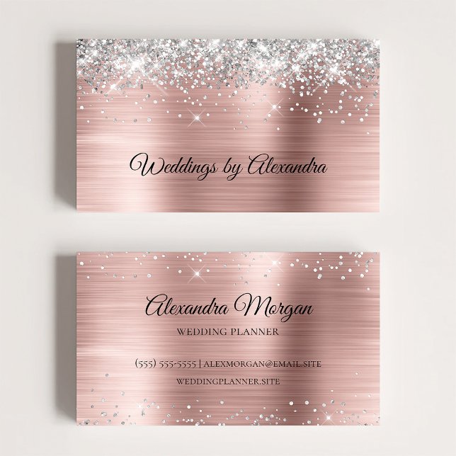 Sparkly Silver Glitter Rose Gold Satin Ombre Foil Business Card (Sparkly Silver Glitter Rose Gold Satin Ombre Foil Business Card)