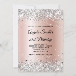 Sparkly Silver Glitter Rose Gold Shimmer Birthday Invitation