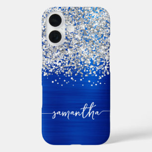 Sparkly Silver Glitter Royal Blue Glam Name iPhone 16 Case