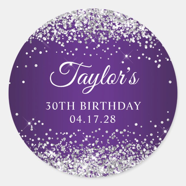 Sparkly Silver Glitter Royal Purple 30th Birthday Classic Round Sticker (Front)