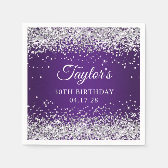 Sparkly Silver Glitter Royal Purple 30th Birthday Napkin (Front)