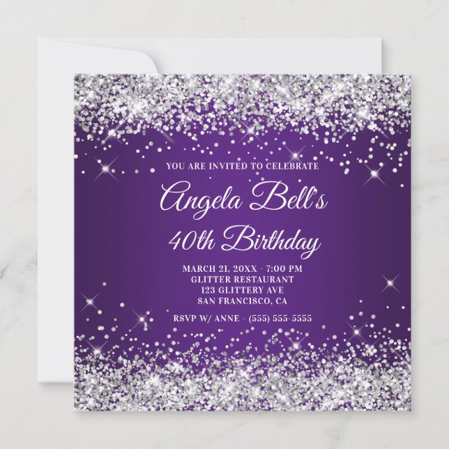 Sparkly Silver Glitter Royal Purple 40th Birthday Invitation (Front)
