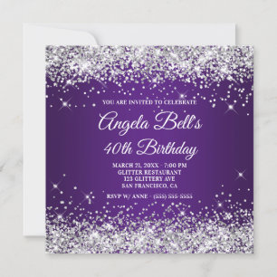 Sparkly Silver Glitter Royal Purple 40th Birthday Invitation