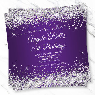 Sparkly Silver Glitter Royal Purple 75th Birthday Invitation