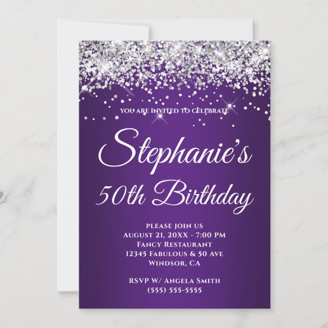 Sparkly Silver Glitter Royal Purple Gradient Invitation (Front)