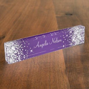 Sparkly Silver Glitter Royal Purple Ombre Nameplate