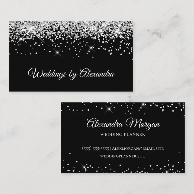 Sparkly Silver Glitter Solid Black Colour Business Card (Front/Back)