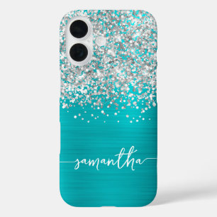 Sparkly Silver Glitter Turquoise Blue Glam Name iPhone 16 Case
