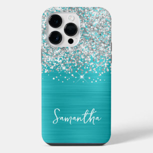 Sparkly Silver Glitter Turquoise Blue Glam Name iPhone 14 Pro Max Case
